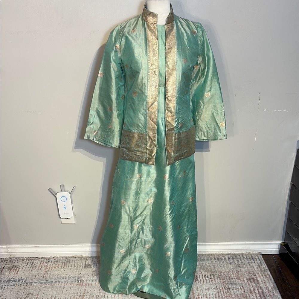 Vintage custom made Pale green and gold gown and jacket set